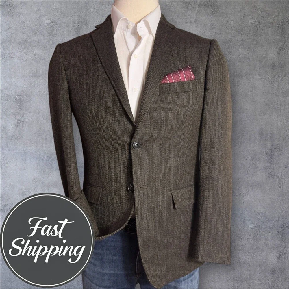 DKNY Mens Blazer Sport Coat Two Button Jacket 40R WOOL Brown Herringbone Suits